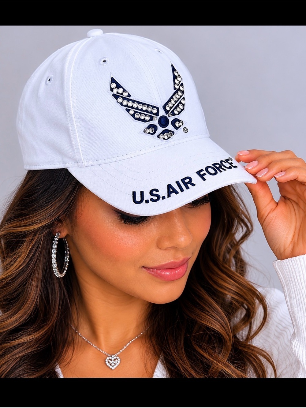 Women's Air Force cap hat baseball white blue blinged rhinestone adjustable